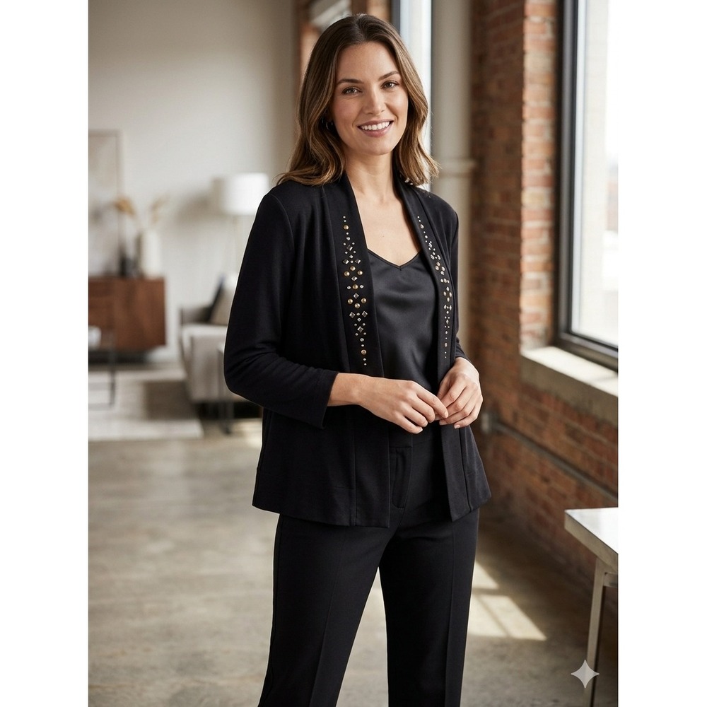 Susan Graver‎ Black Studded Rhinestone Open Front Cardigan Jacket Blazer Size L
